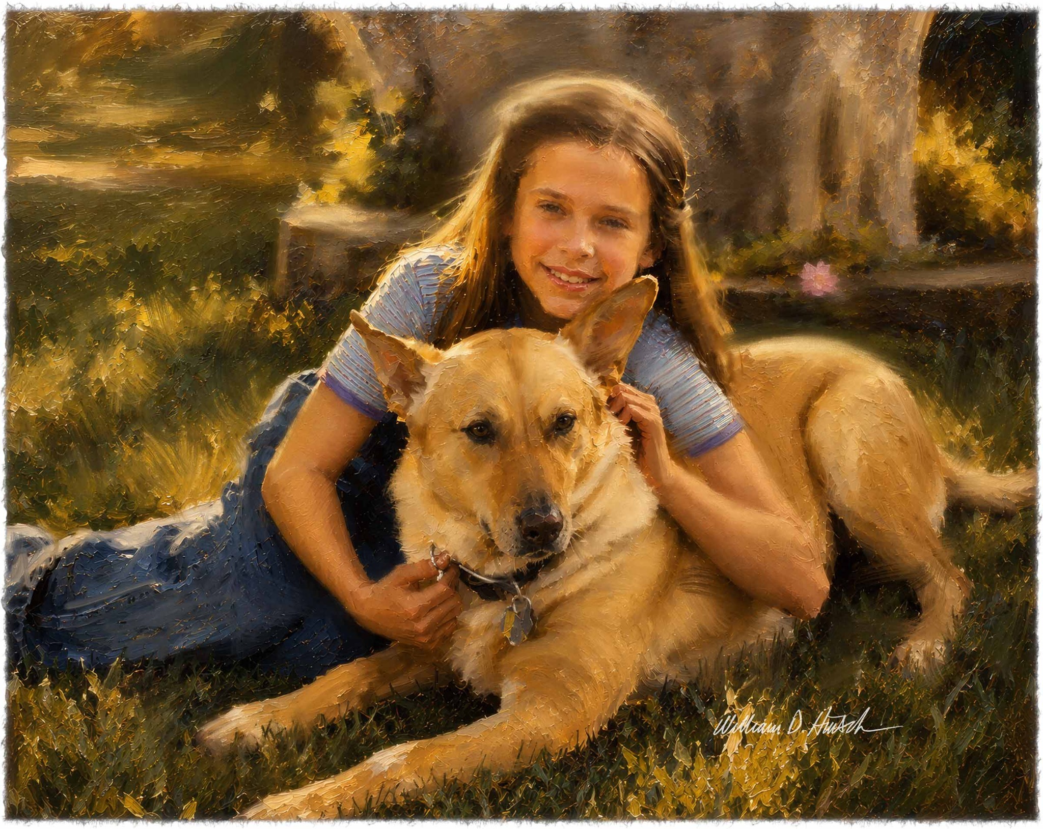 Pet portrait of a girl with her dog in a sunlit garden.