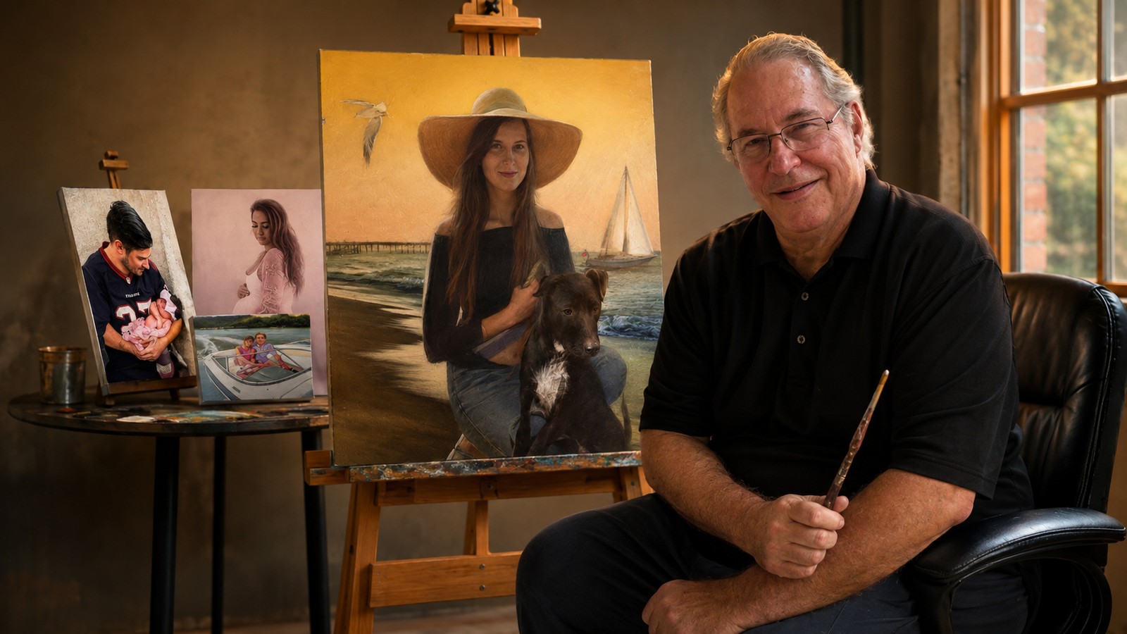 Portrait artist Bill Hinsch seated in his studio beside an easel and portrait paintings.