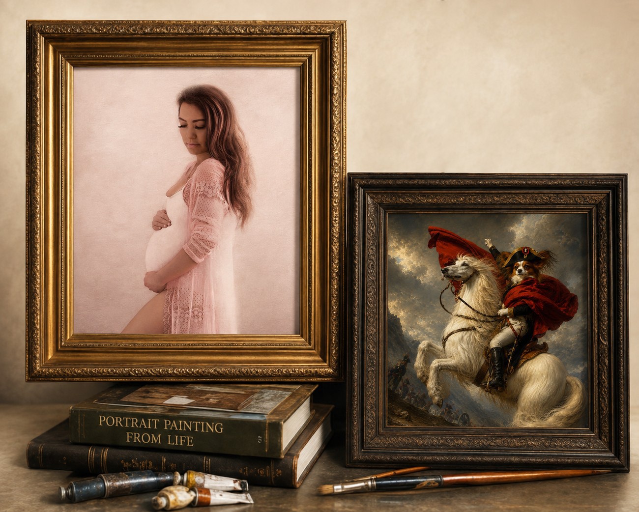 Framed portrait paintings displayed with traditional artist books, paint tubes and brushes.
