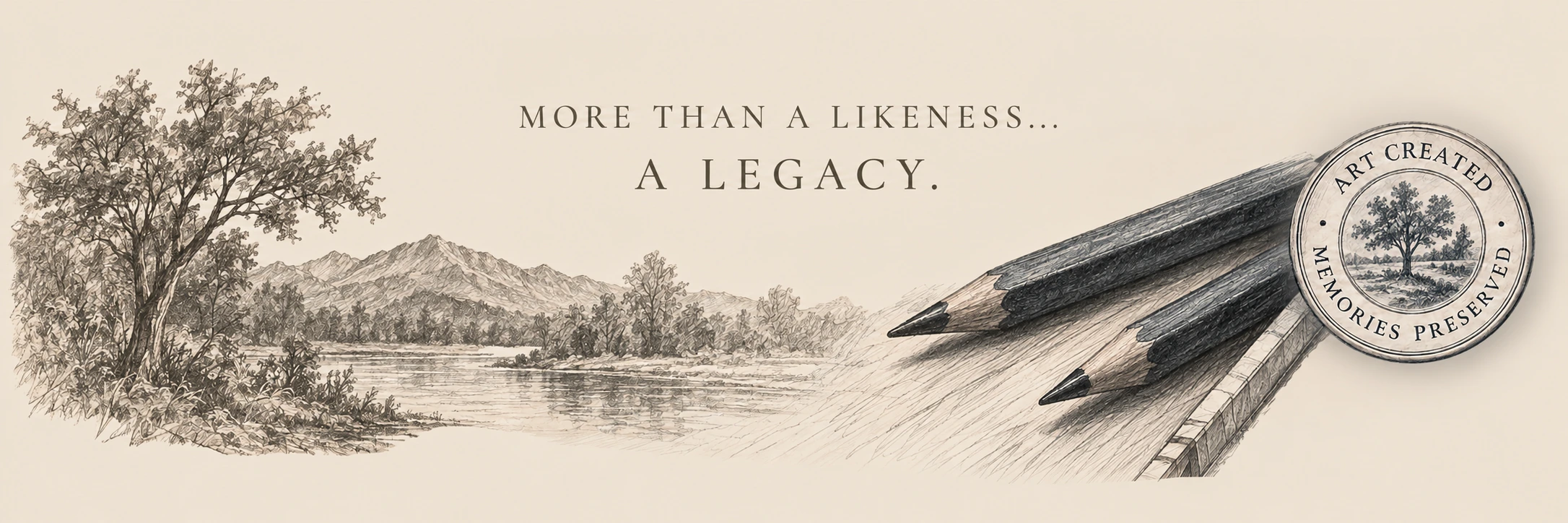 More than a likeness — a legacy. Pencil landscape, drawing pencils, and Art Created — Memories Preserved studio seal.