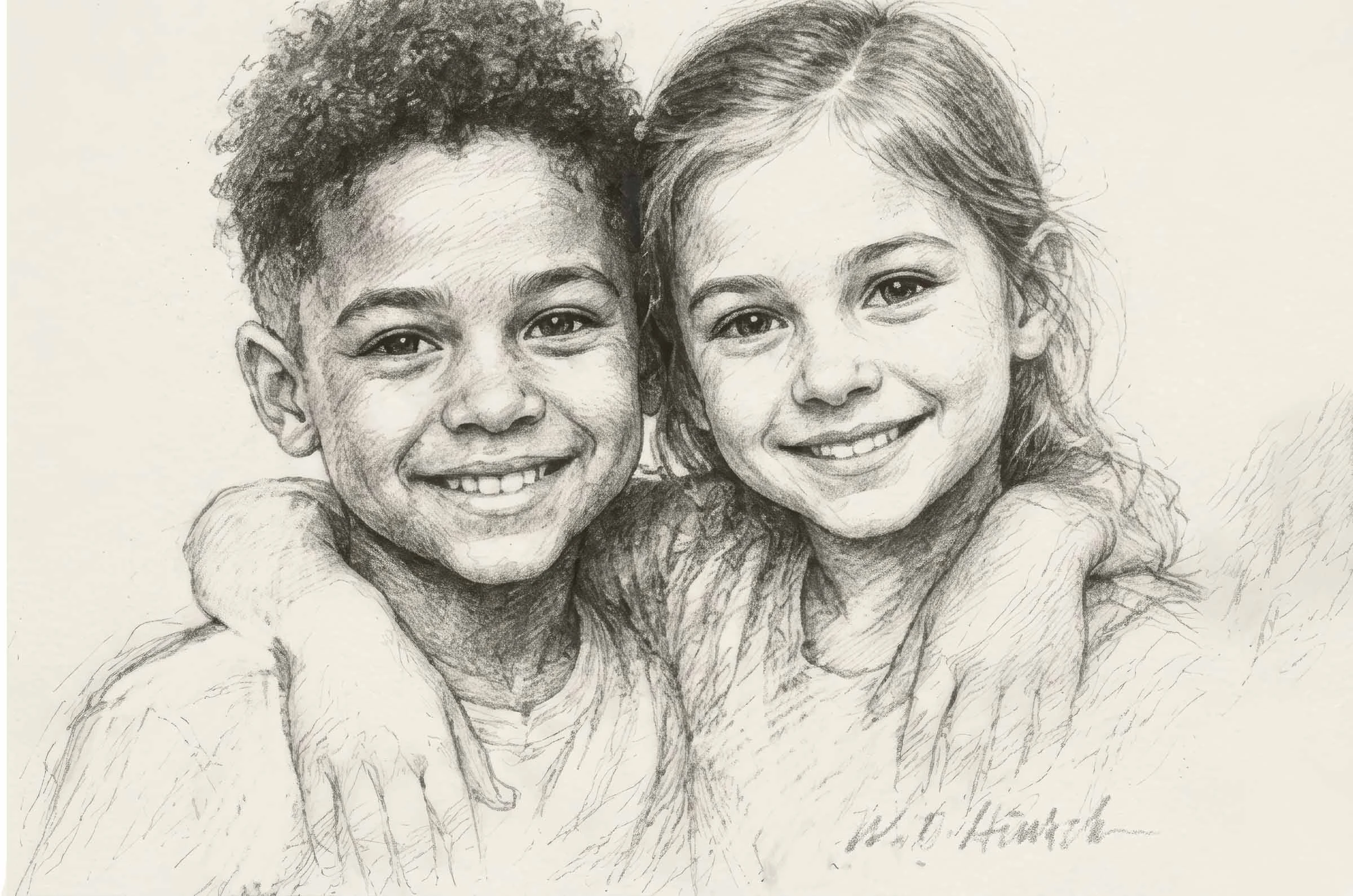 Pencil portrait of two smiling children with their arms around each other.