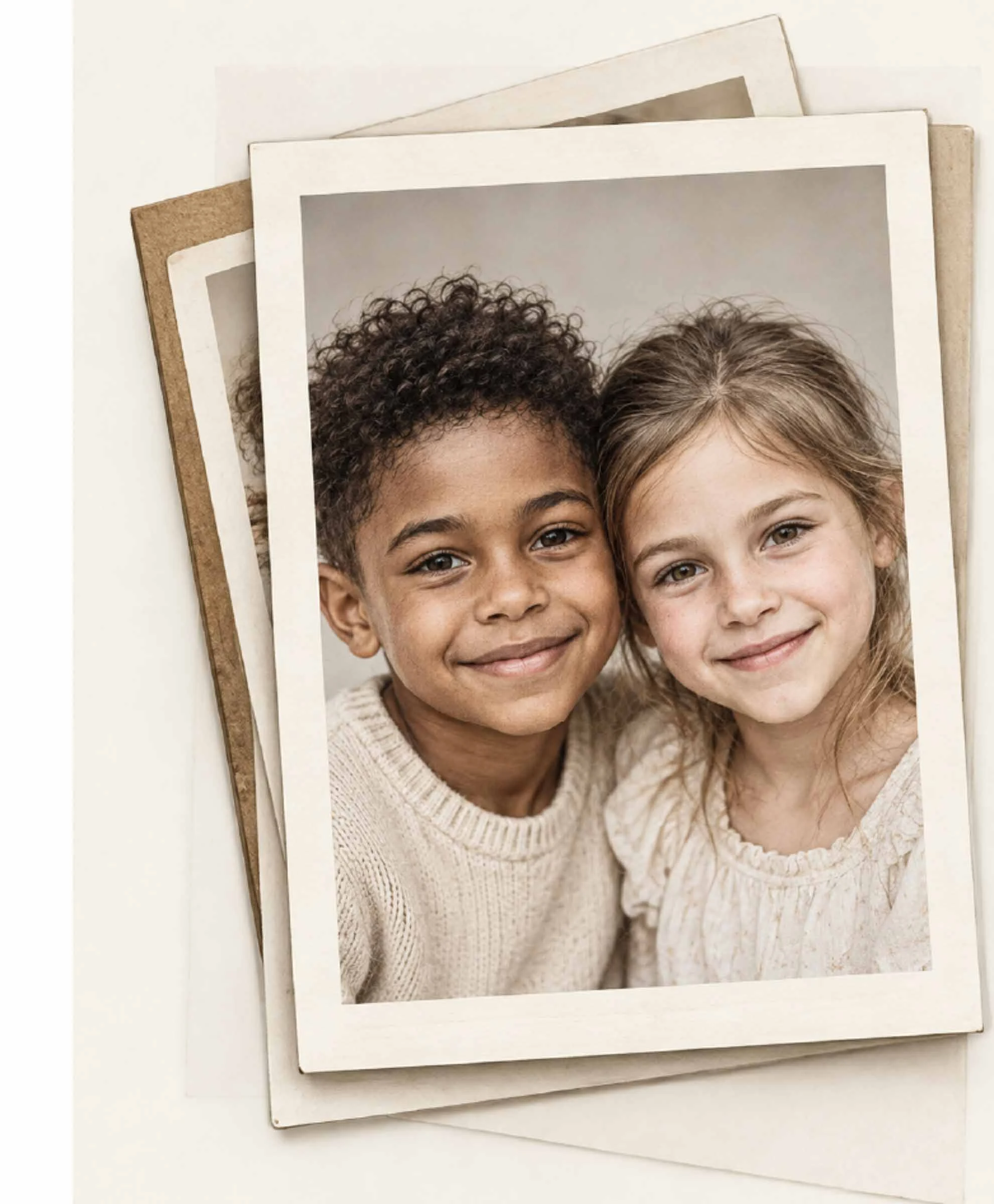 A small stack of photographs featuring two children.