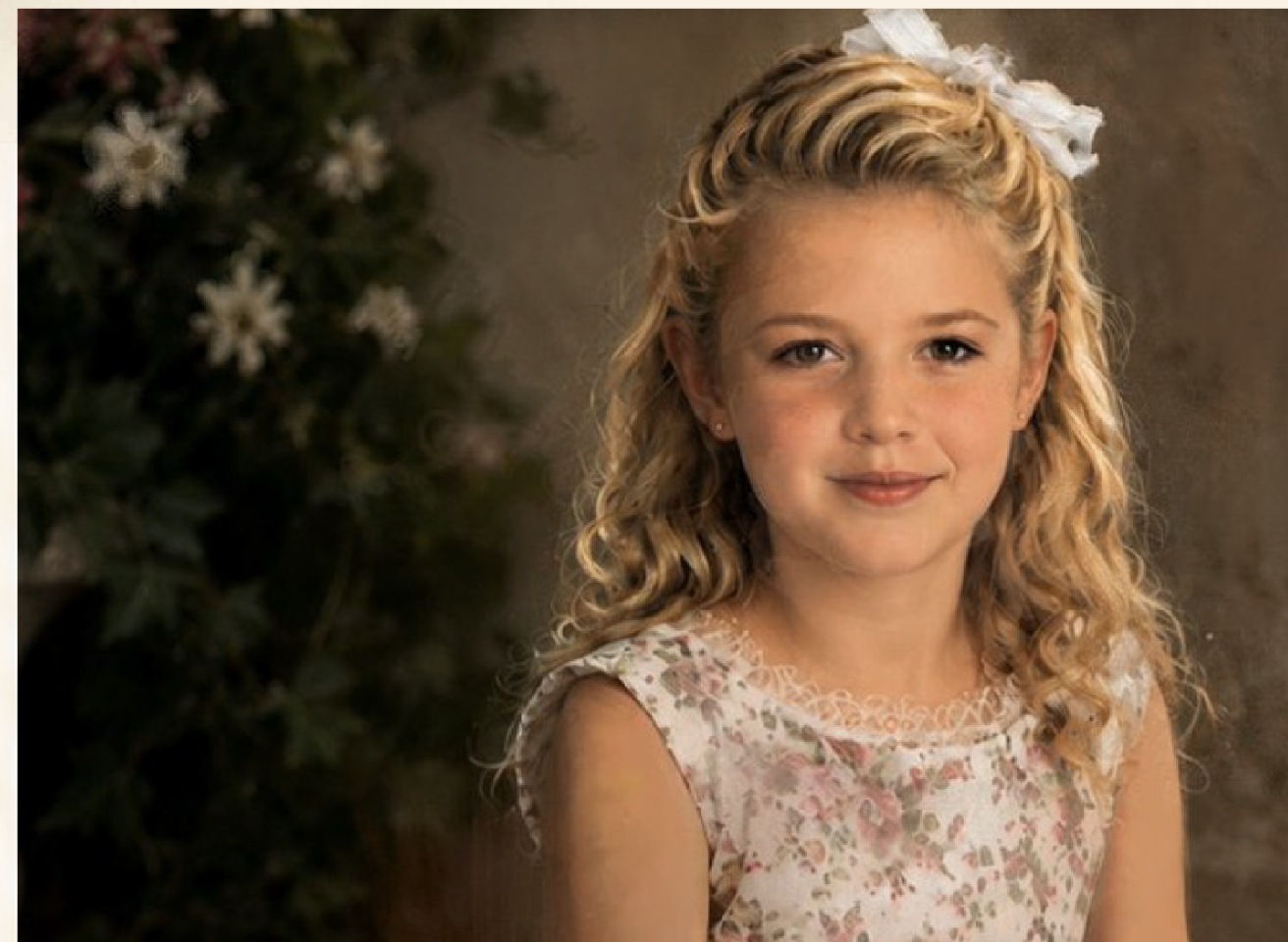 Formal portrait painting of a young girl in a floral dress.