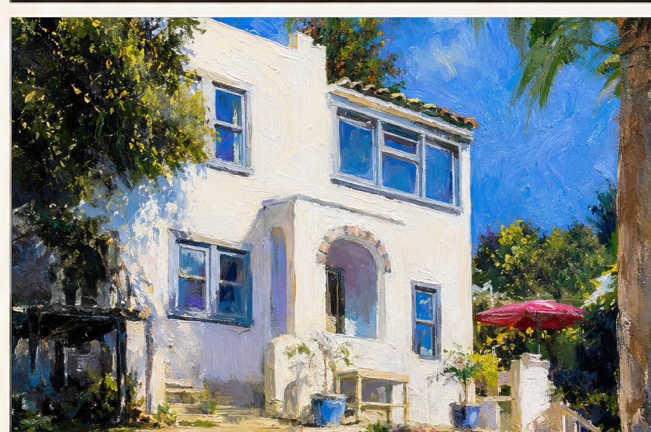 Painterly portrait of a white and blue home.