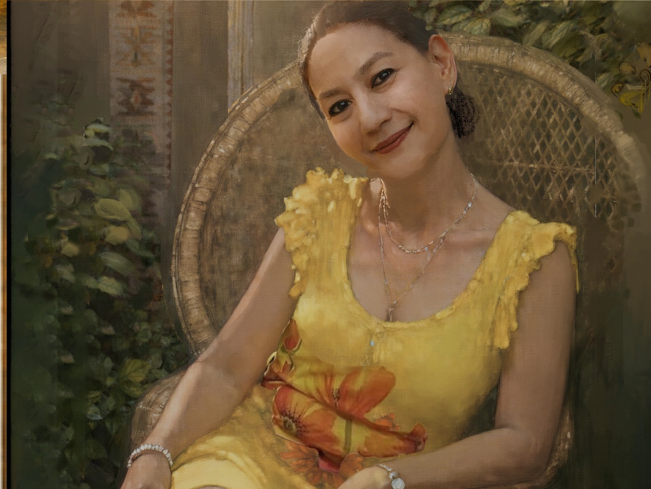 Portrait painting of a woman seated in a garden setting.