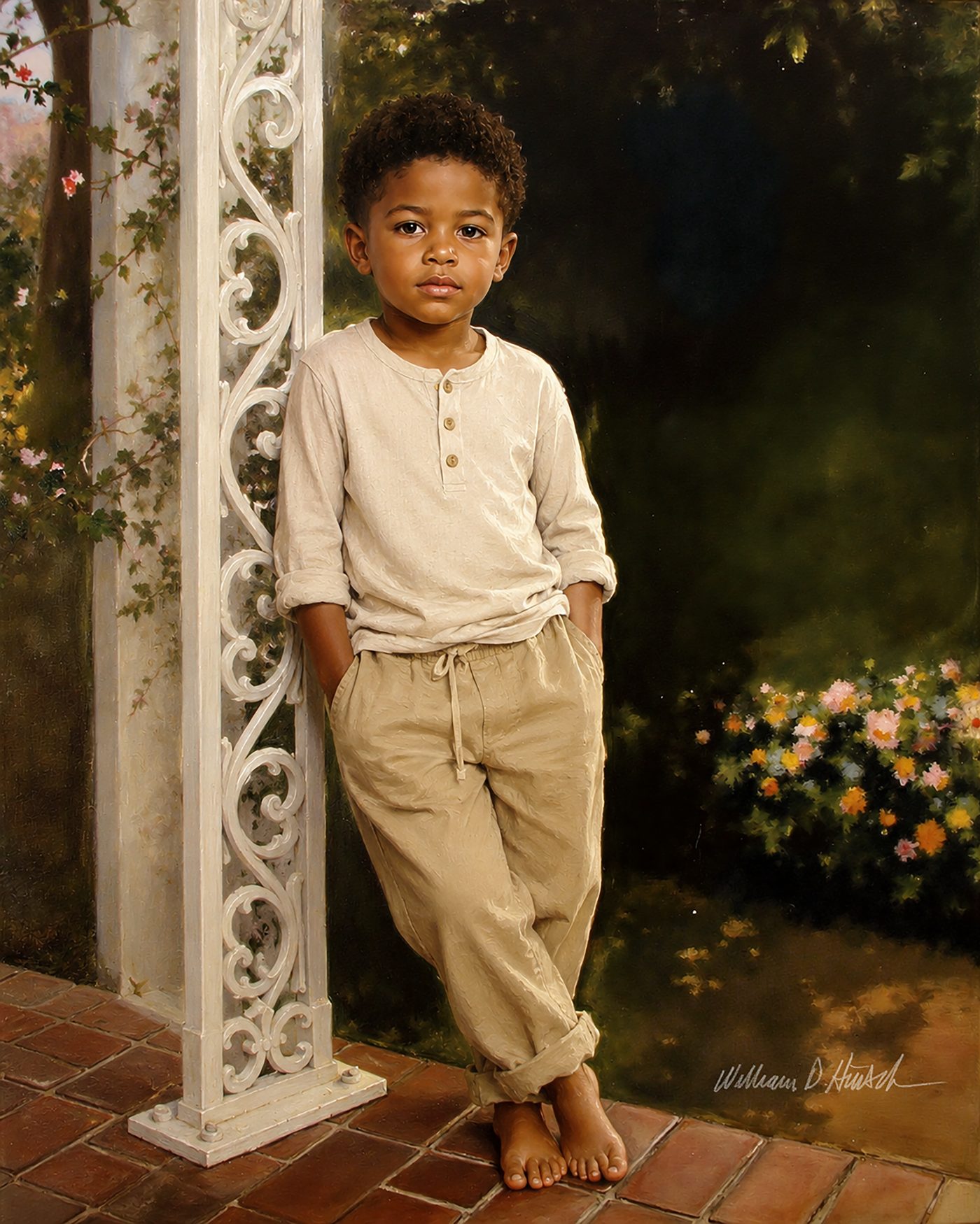 Portrait of a boy beside a porch column.