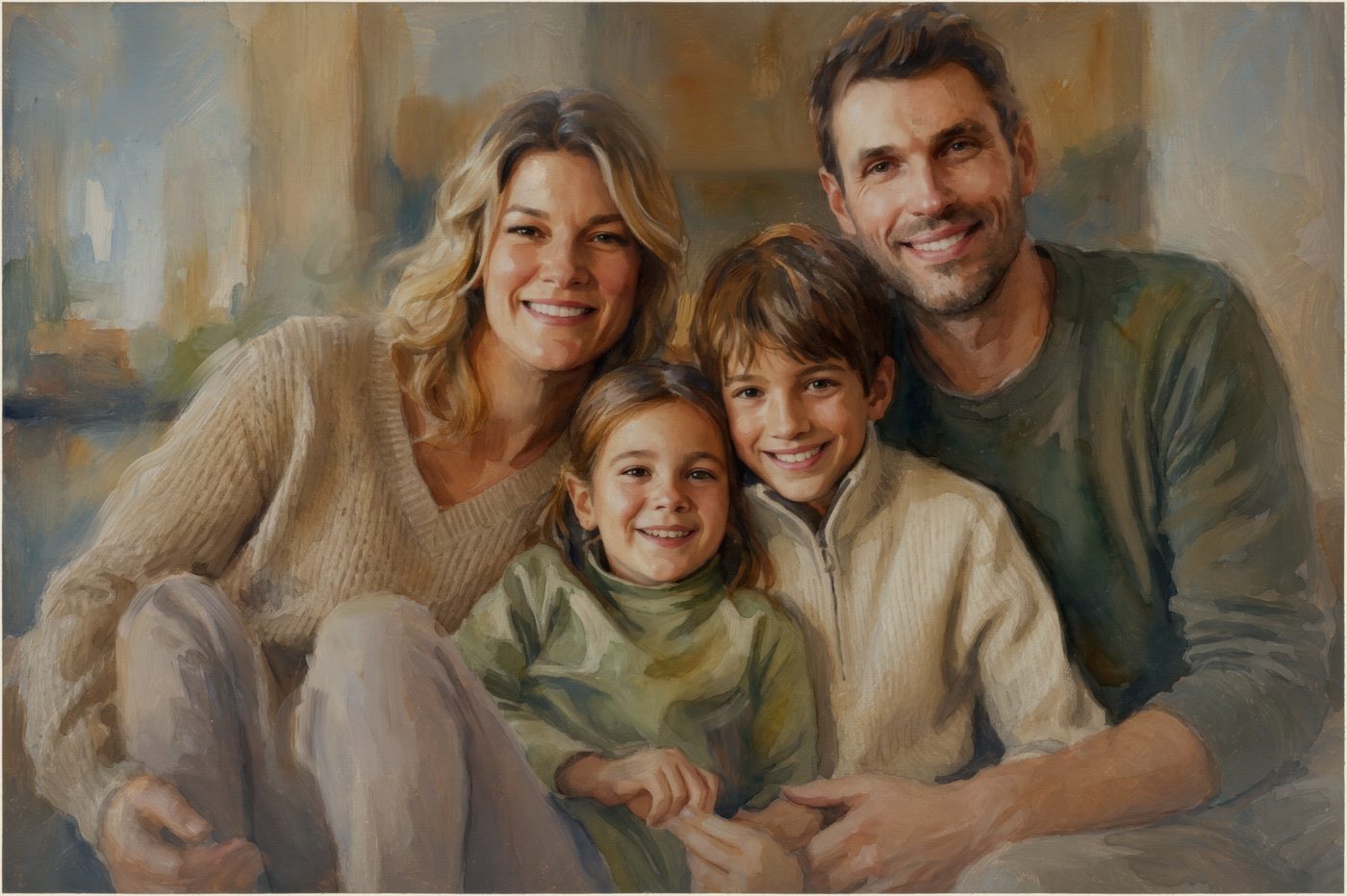 Close family portrait of four people.