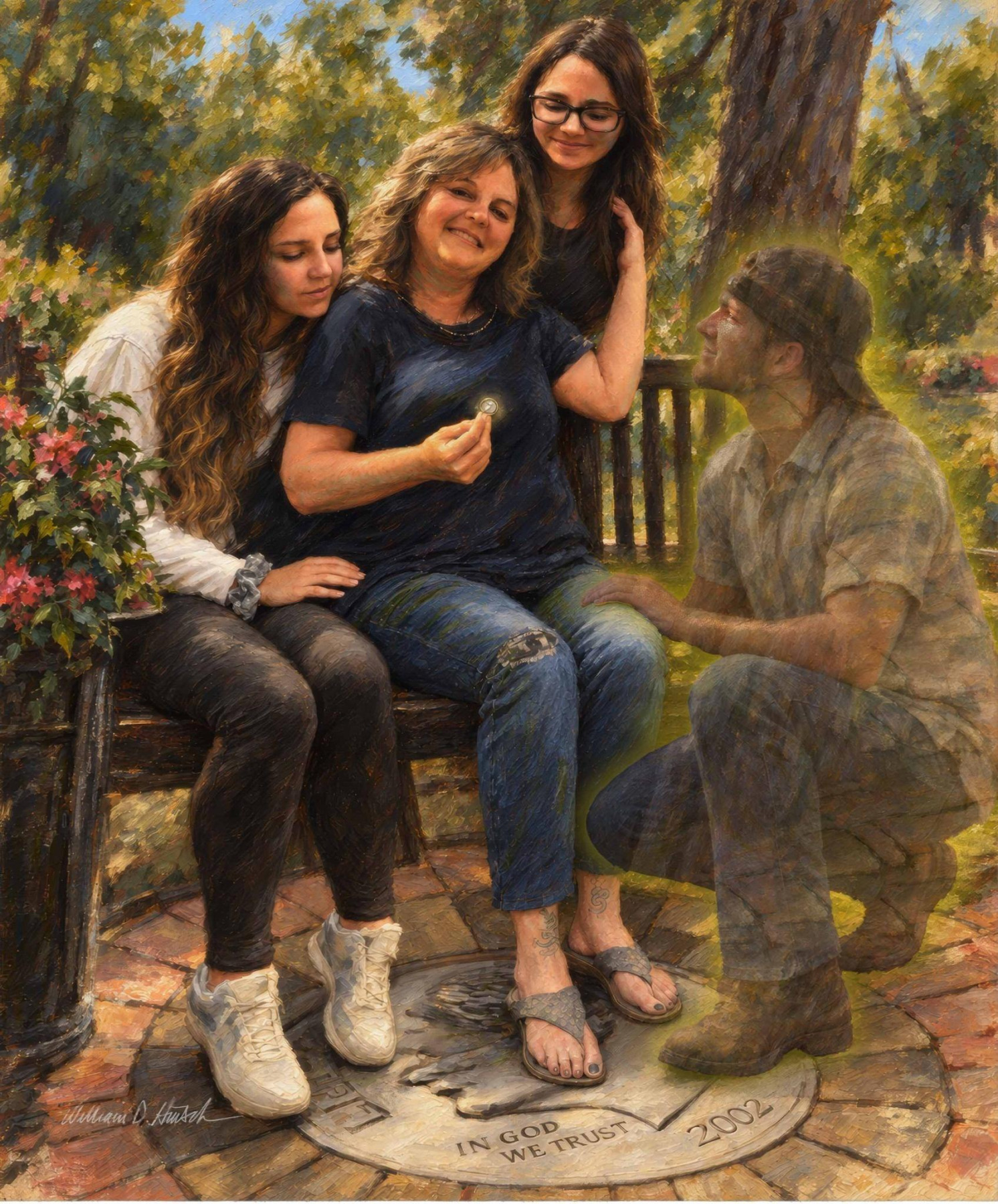 Memorial family portrait of a mother with children.