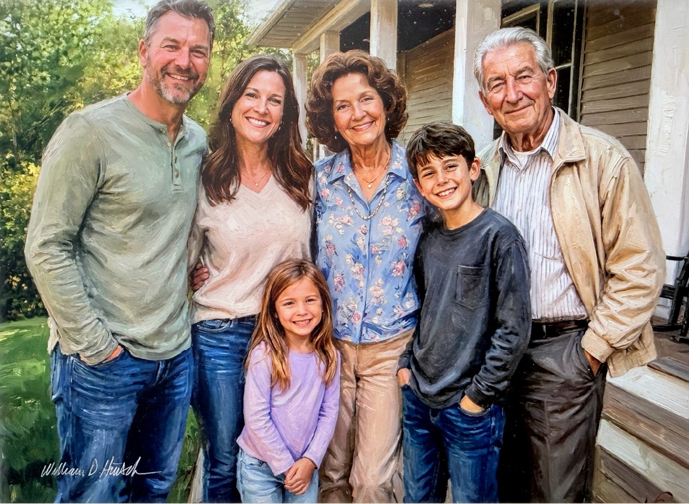 Memorial family portrait on a porch.