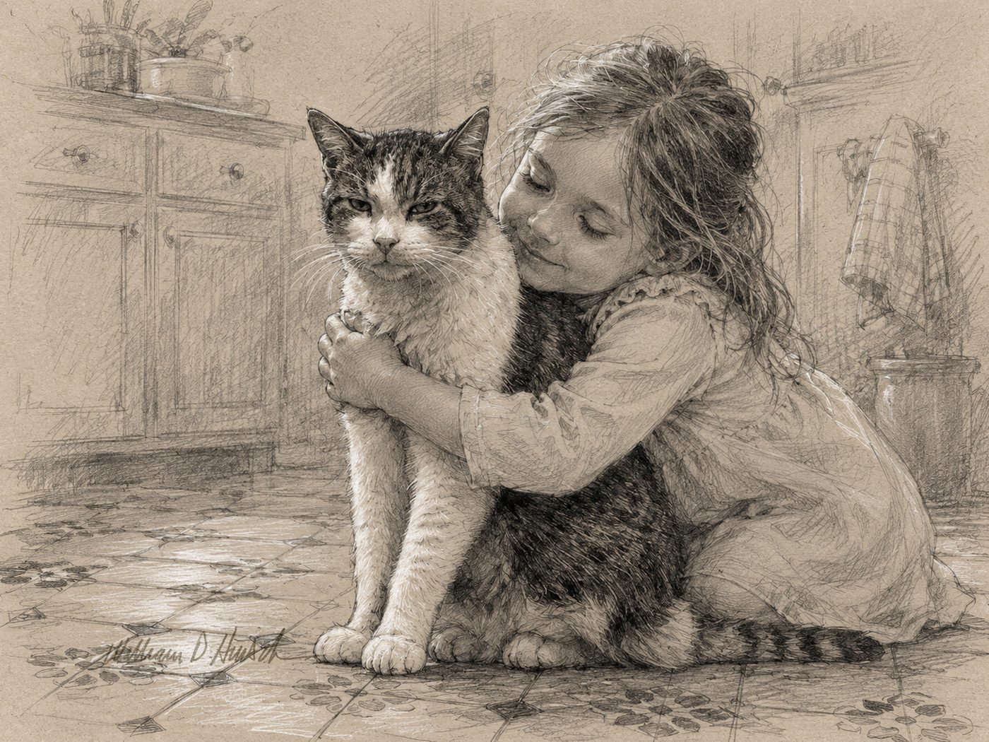 Drawing of a girl and cat.