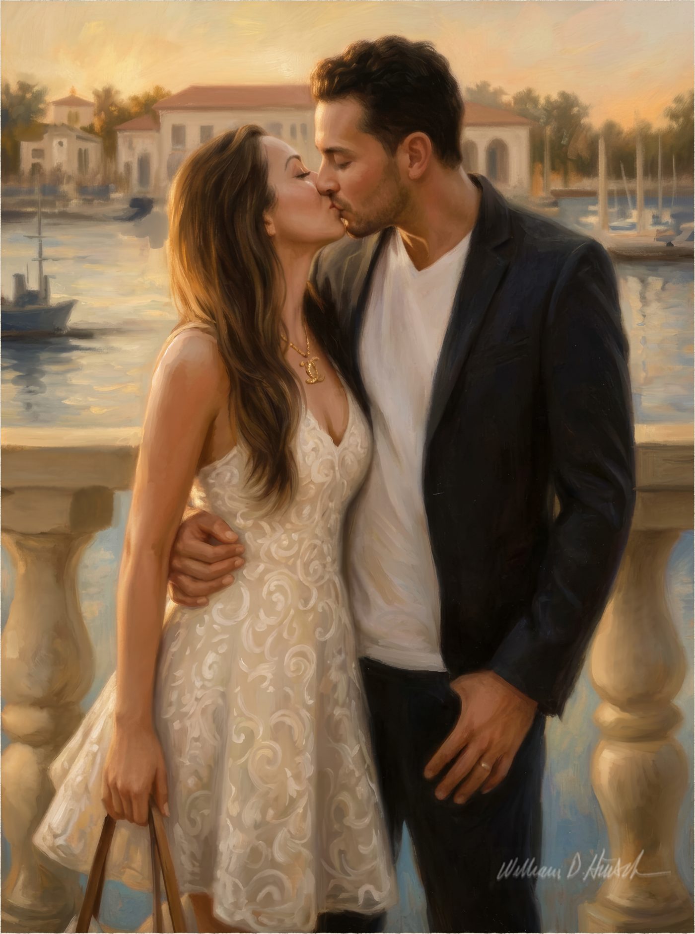 Commissioned portrait of a couple sharing an affectionate moment.