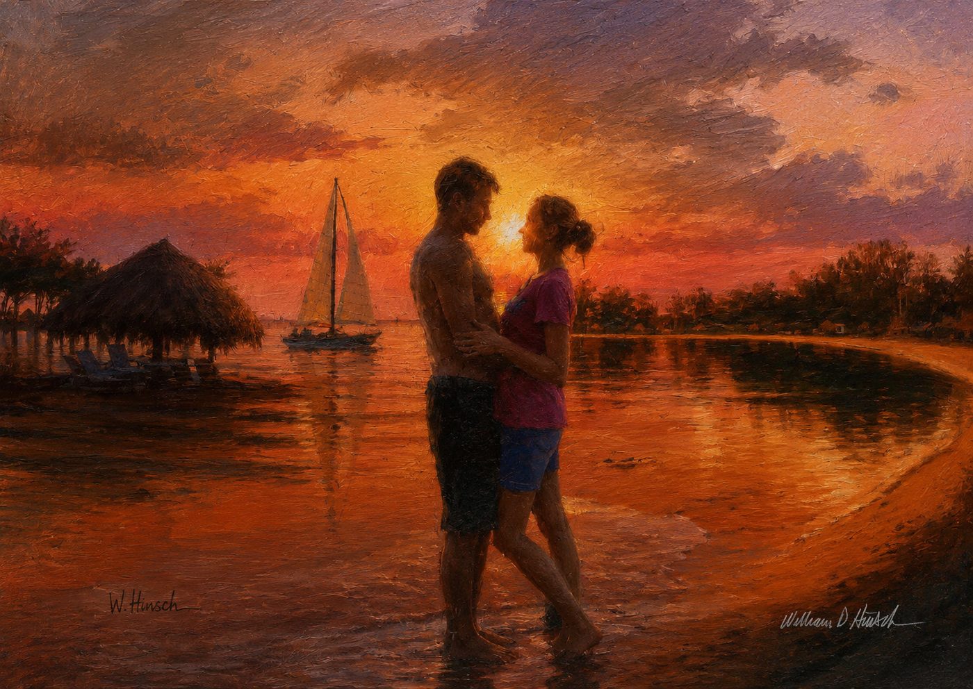 Commissioned portrait of a couple by the water.