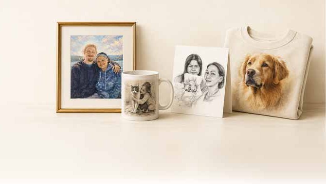 One approved family portrait applied to a framed print, a mug, a pencil-sketch notecard, and a golden retriever sweatshirt.