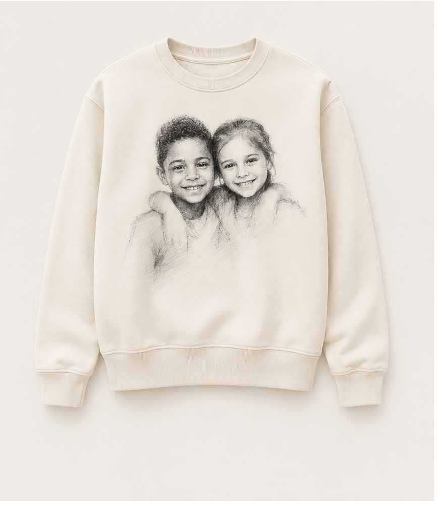 Cream crewneck sweatshirt printed with a pencil-sketch portrait of two children.