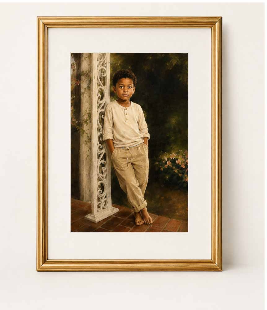 Gold-framed print of an oil portrait of a boy standing beside a porch column.
