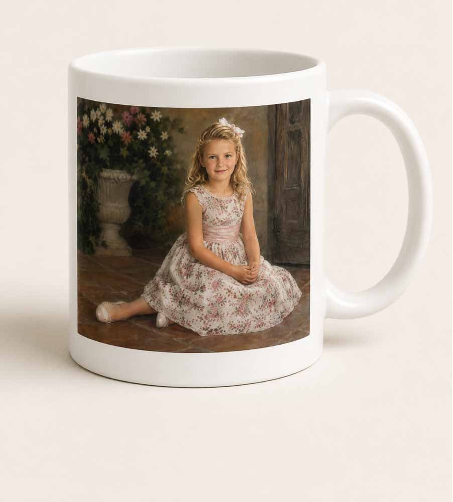 White ceramic mug printed with a Hinsch portrait of a girl in a floral dress.
