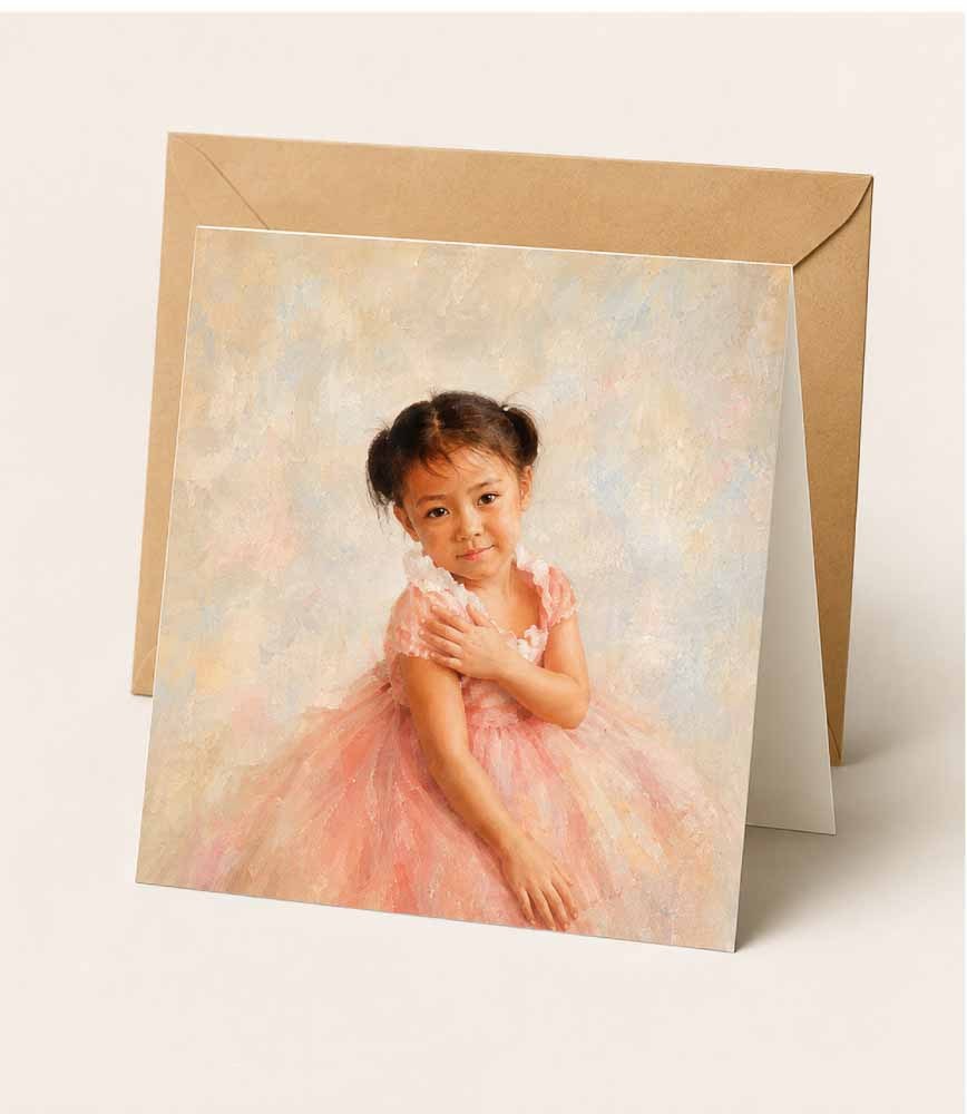 Folded notecard with envelope, printed with a watercolor portrait of a young girl in a pink dress.