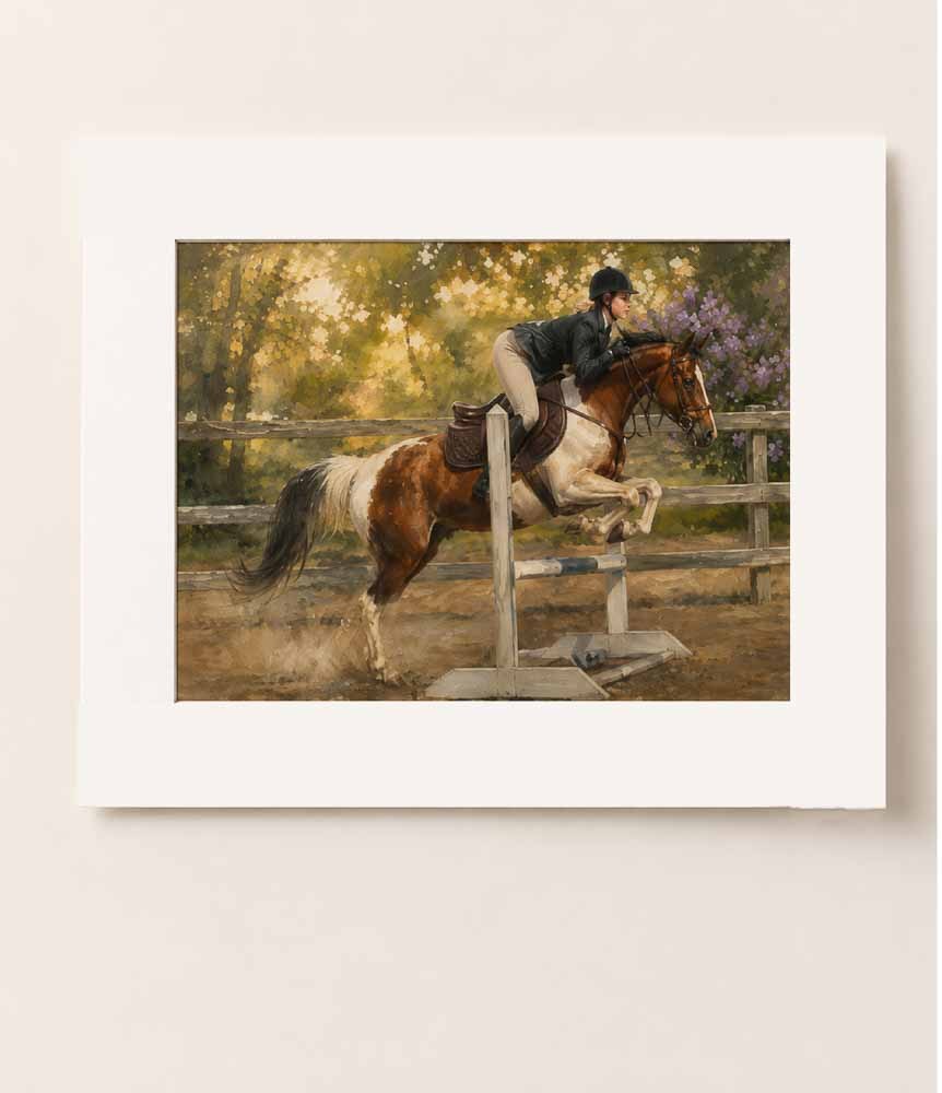 Unframed signed print of a horse-and-rider portrait, shown resting against a wall.