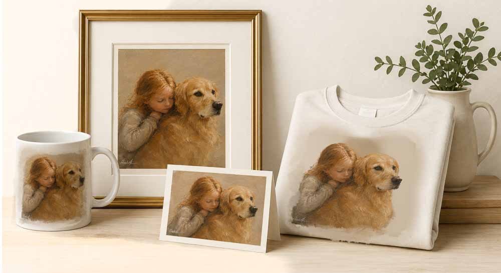 A finished Hinsch portrait of a girl with her golden retriever, applied to a framed print, a mug, a notecard, and a folded sweatshirt.