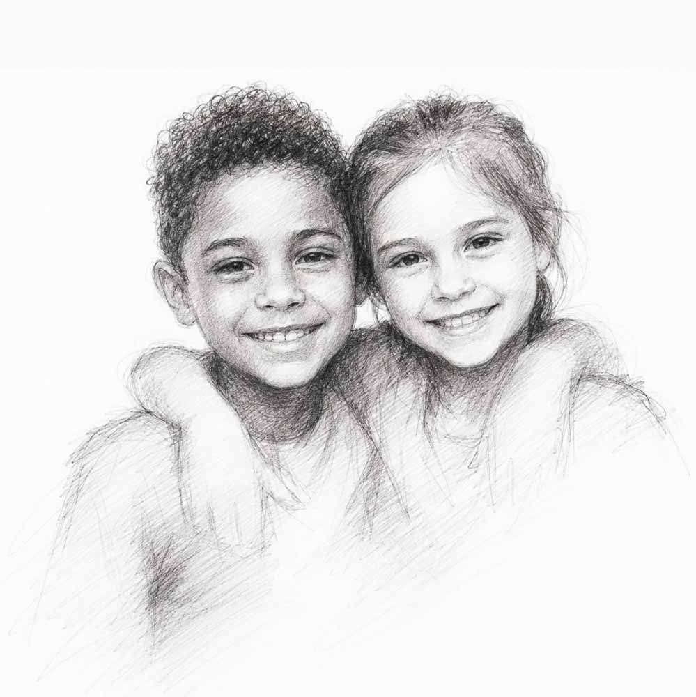 Pencil sketch portrait of two children with their arms around each other, rendered in soft graphite.