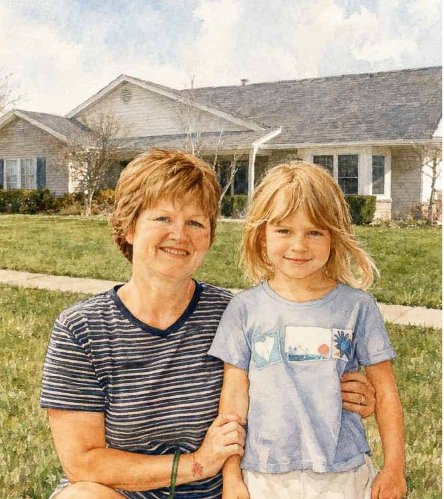 Watercolor portrait of a grandmother and granddaughter standing together in front of their home.