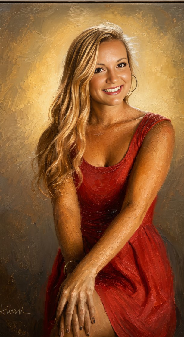 Oil portrait of a woman in a red dress