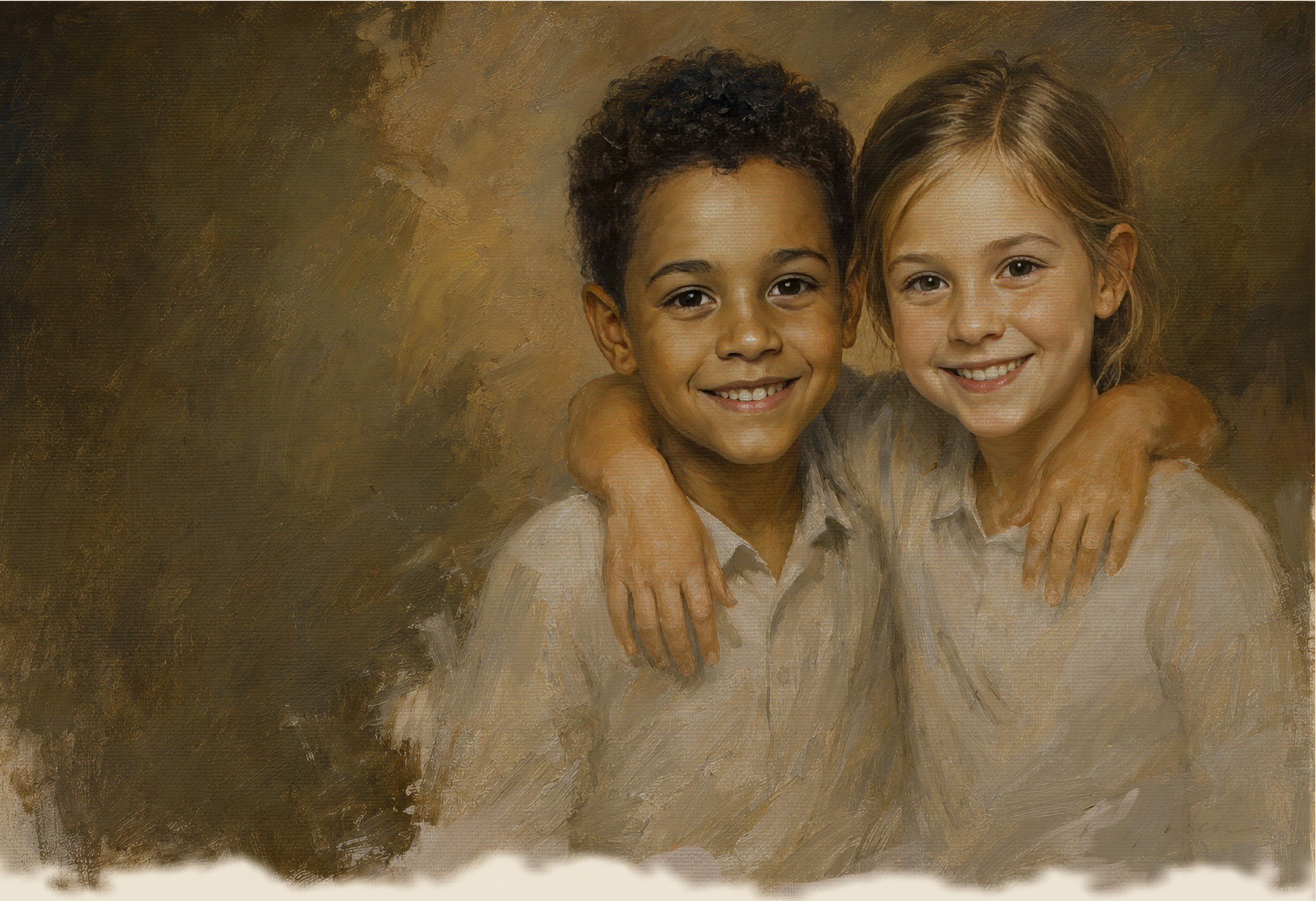 Oil portrait painting of two smiling children, a boy and a girl, arms around each other