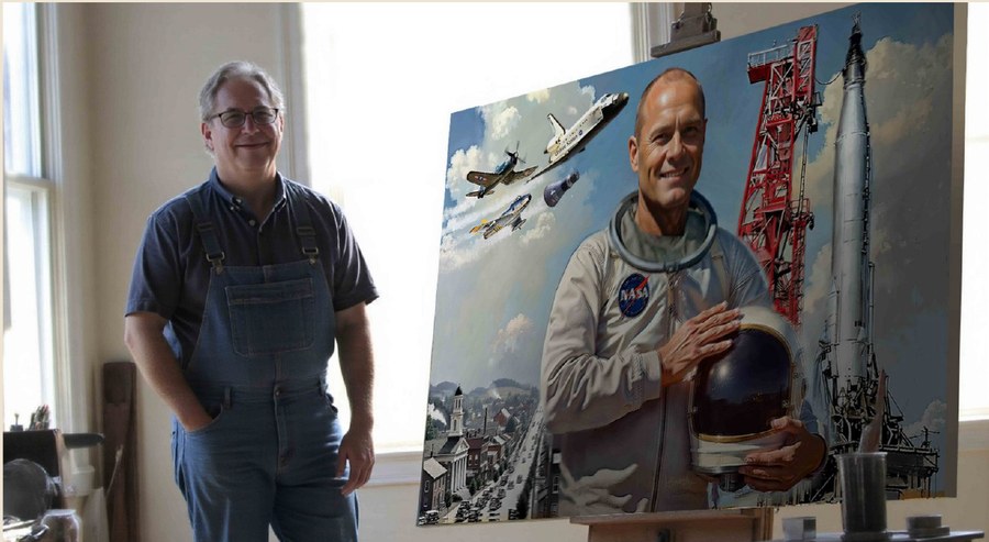 Man standing beside a commissioned painting of an astronaut
