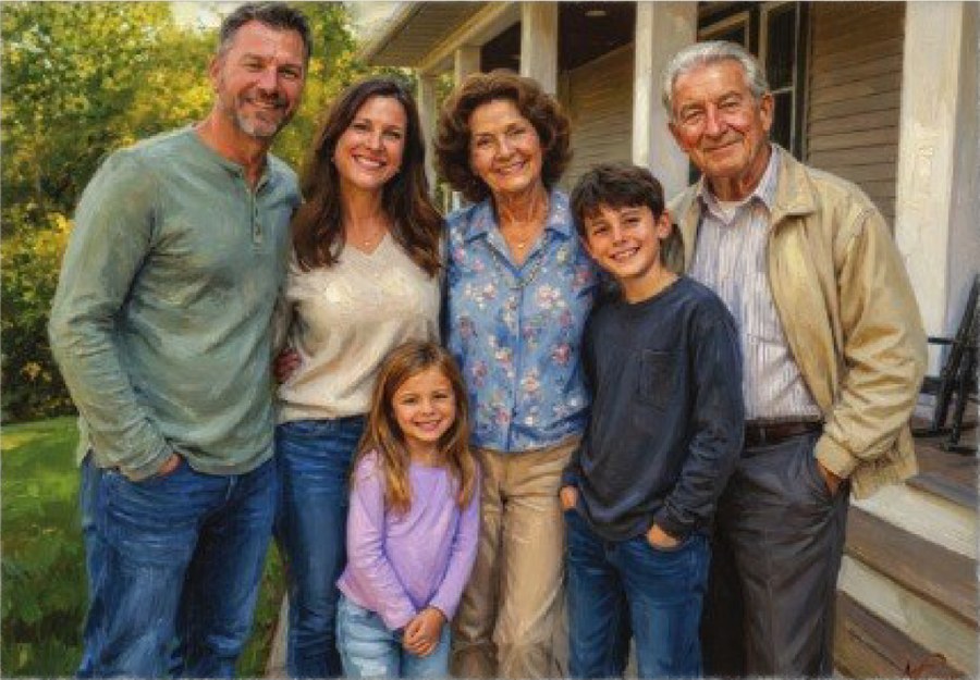 Family of six posing together on a porch