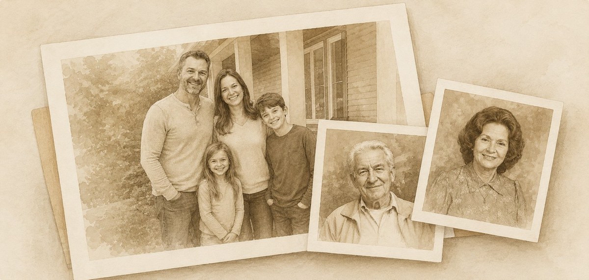 Family photographs arranged as source material for a portrait.