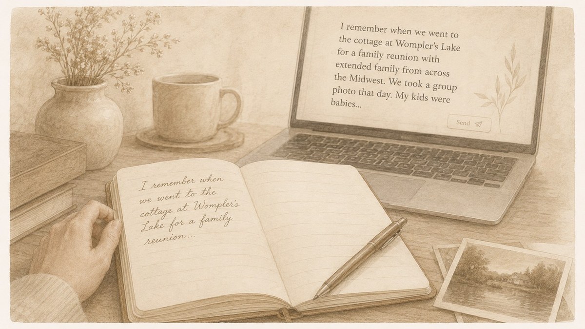 Handwritten family memory in a journal beside a laptop where the story is being typed.