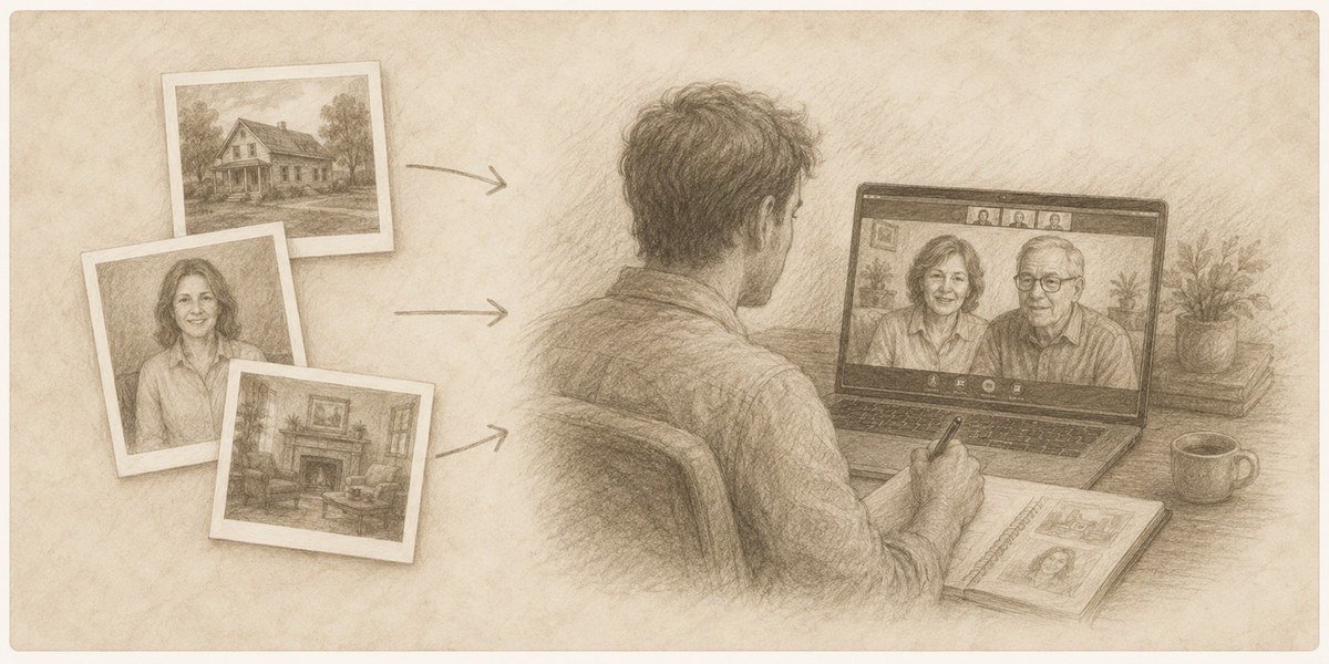 Artist on a video call discussing family reference photographs and portrait ideas.