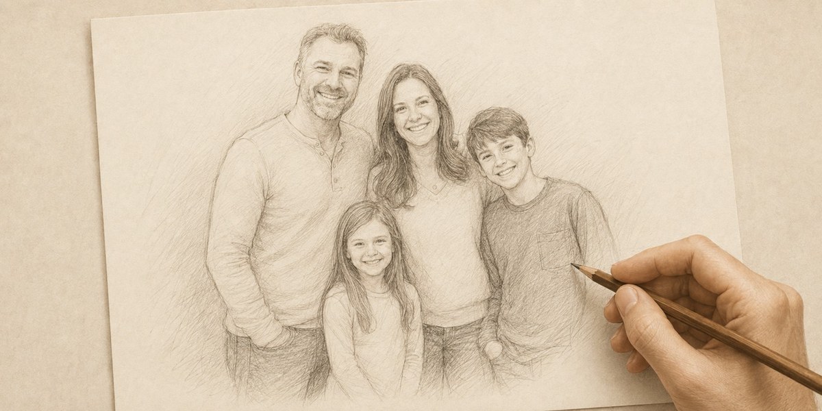Artist's hand drawing a preliminary family portrait sketch in pencil.