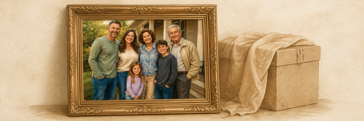 Finished family portrait displayed in a traditional gold frame beside its packaging.