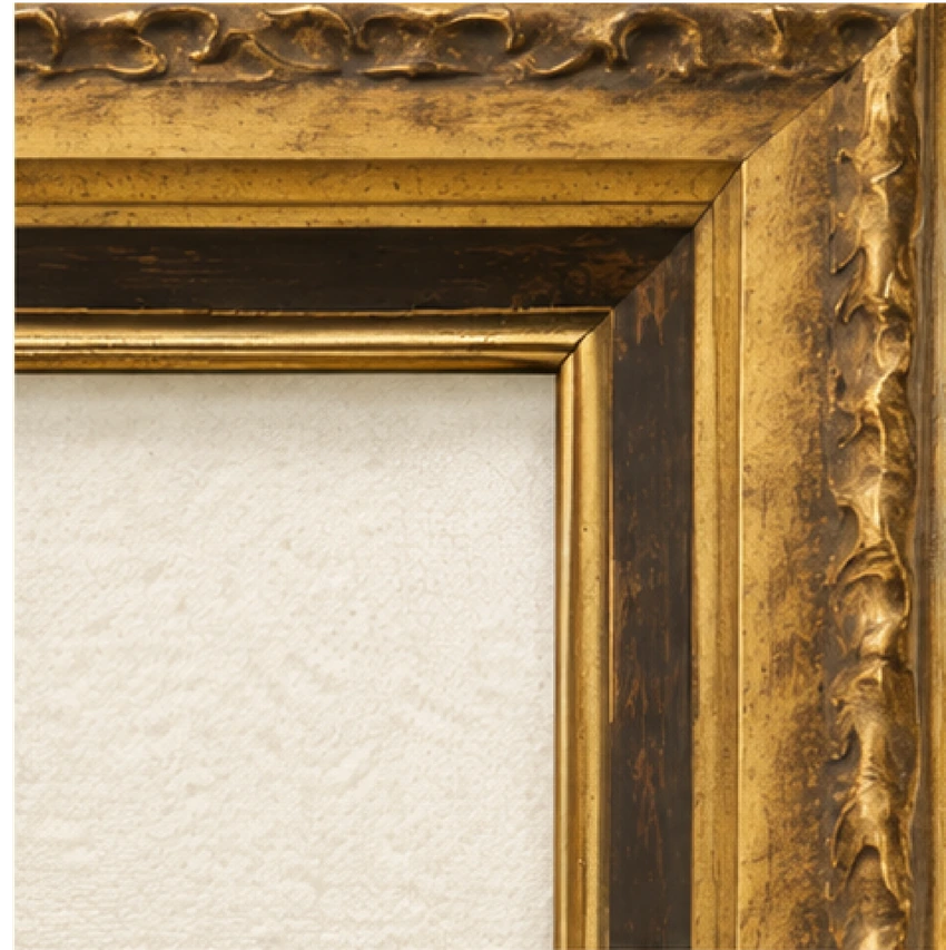 Ornate warm-gold portrait frame corner.