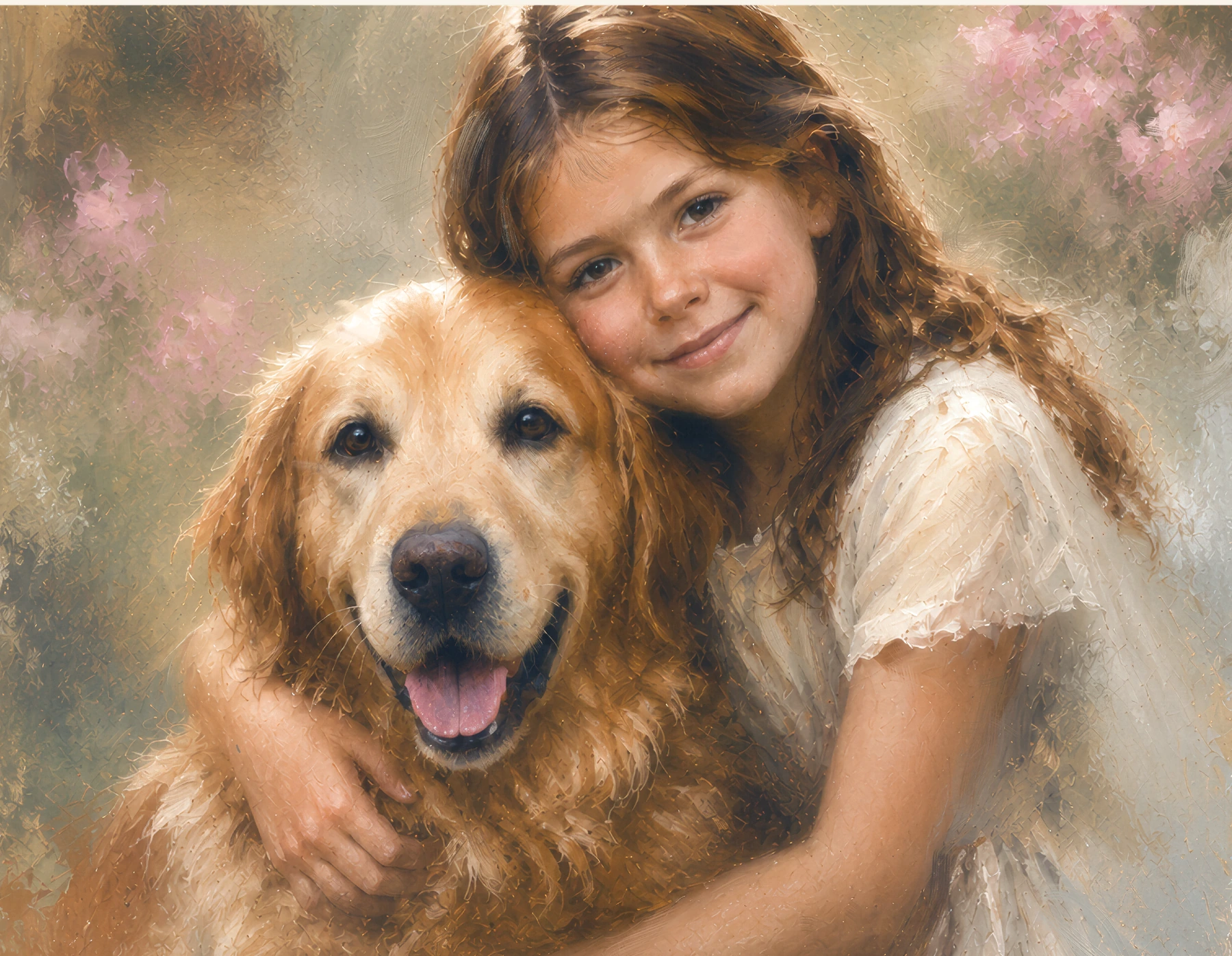 Oil portrait of a young girl embracing a golden retriever in a softly painted garden setting.