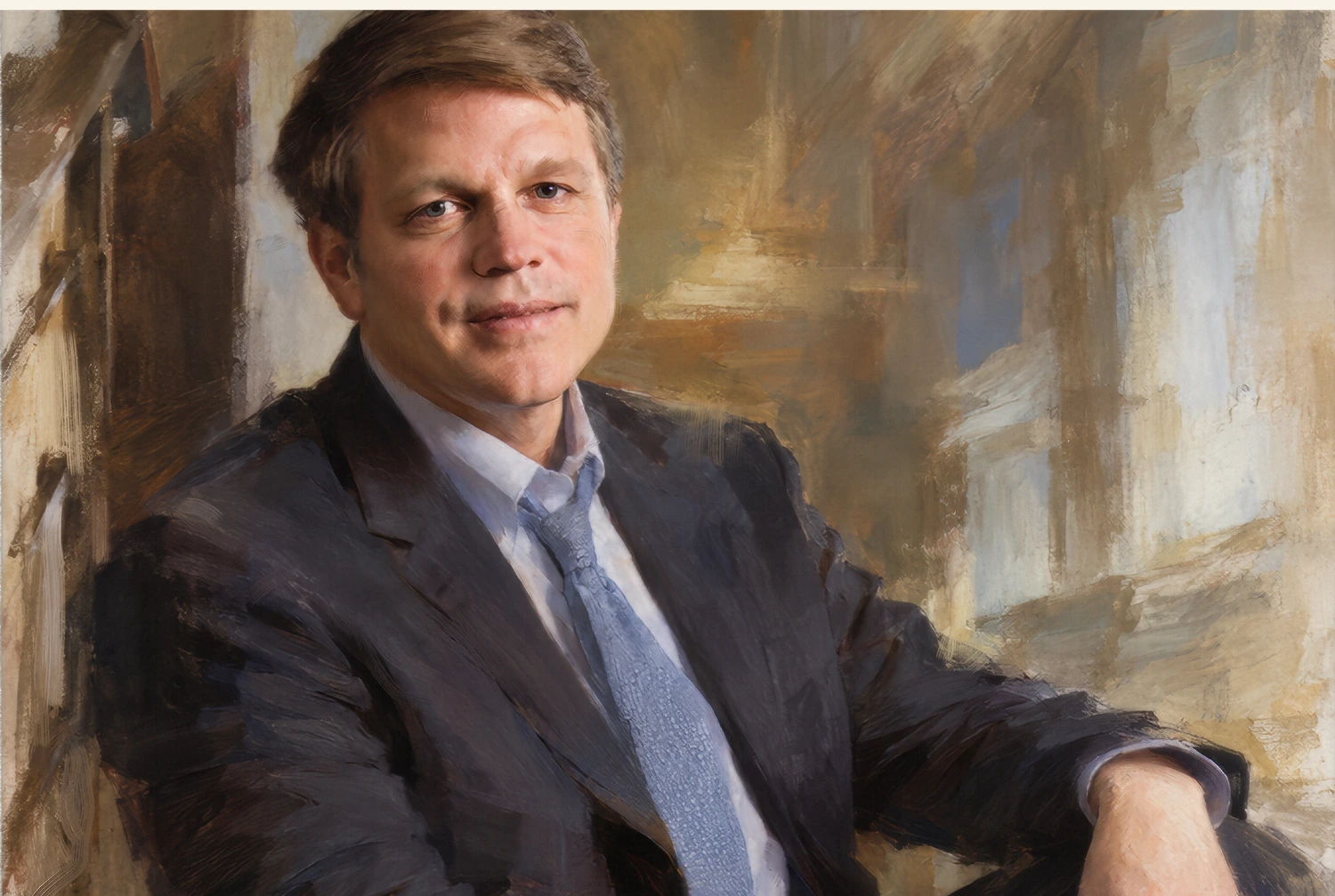 Formal oil portrait of a seated man in a suit.
