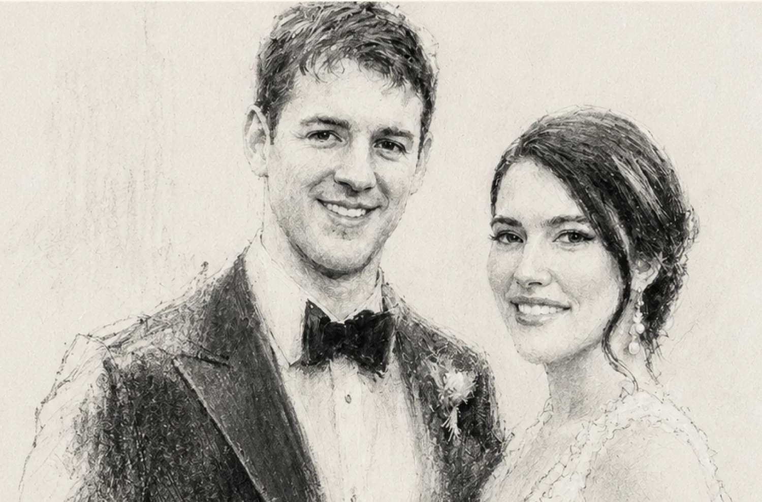 Pencil portrait of a bride and groom.