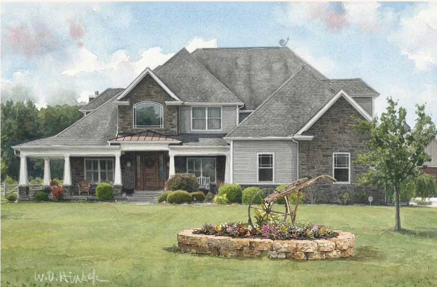 Watercolor portrait of a family home.