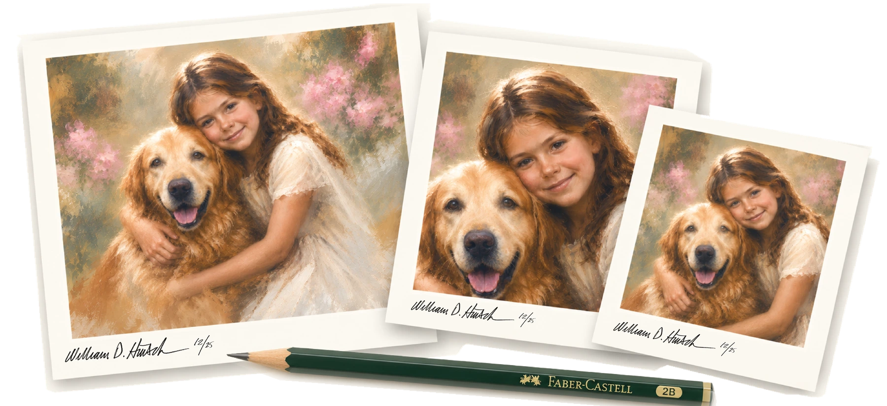 Three signed portrait prints of a girl and golden retriever arranged with a green artist pencil.