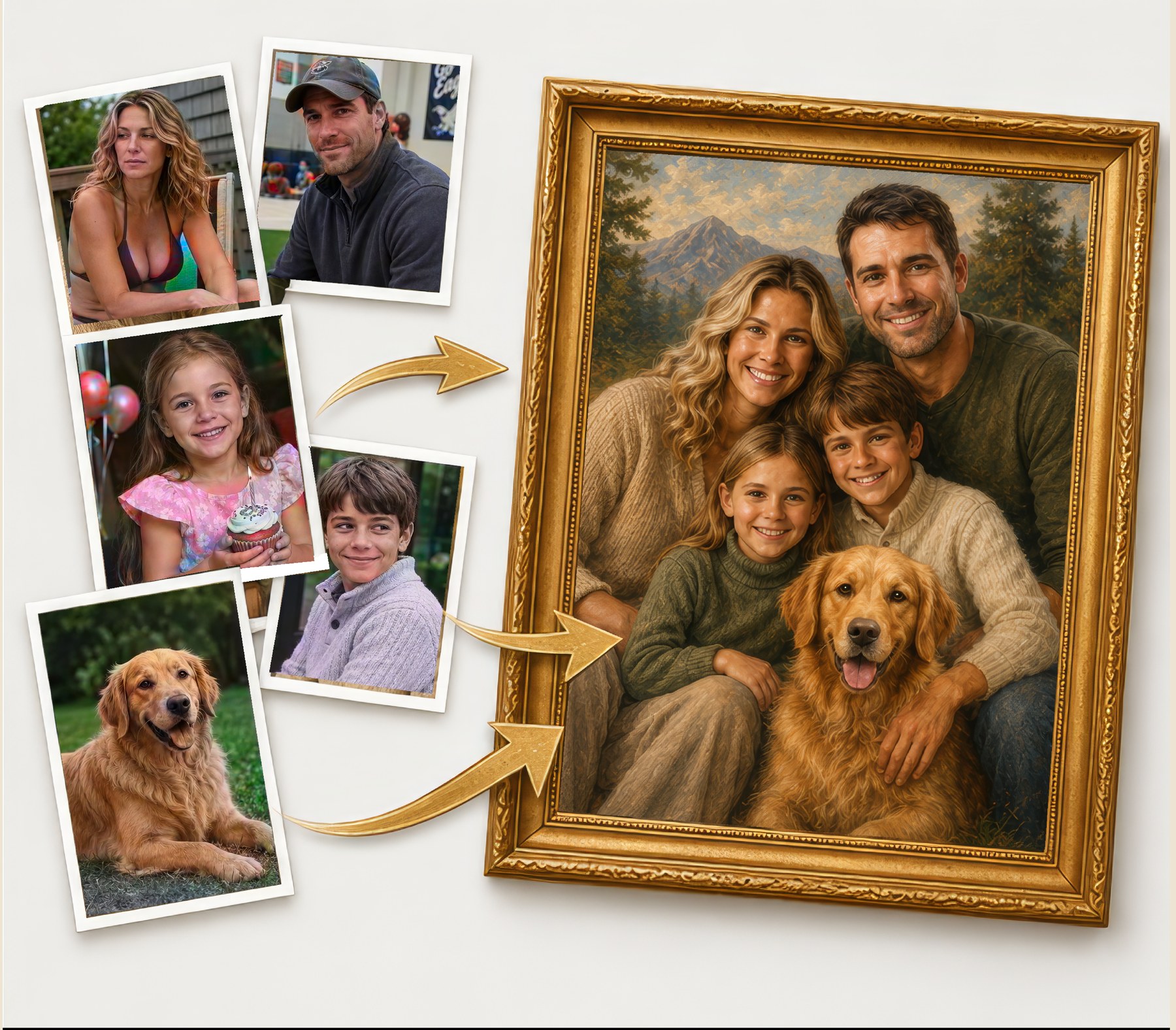 Several family and pet reference photographs combined into one finished framed family portrait.
