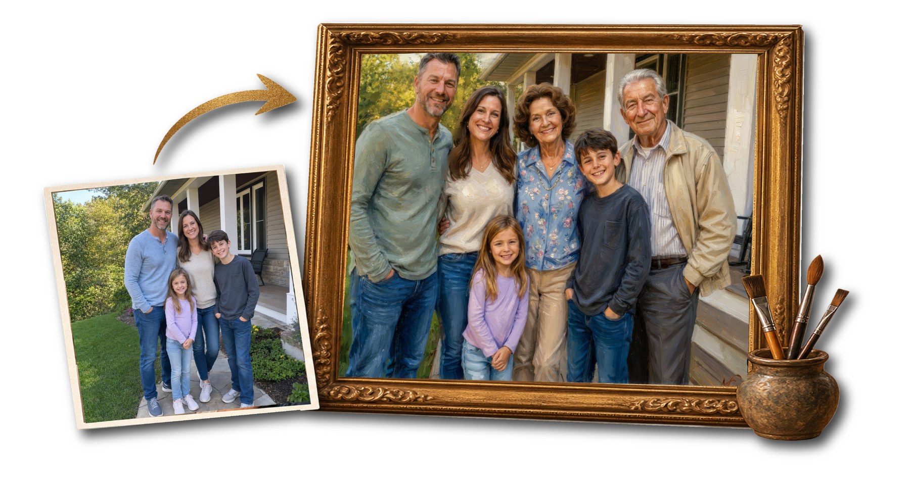 One ordinary family photograph beside a completed multigenerational painted portrait based on it.
