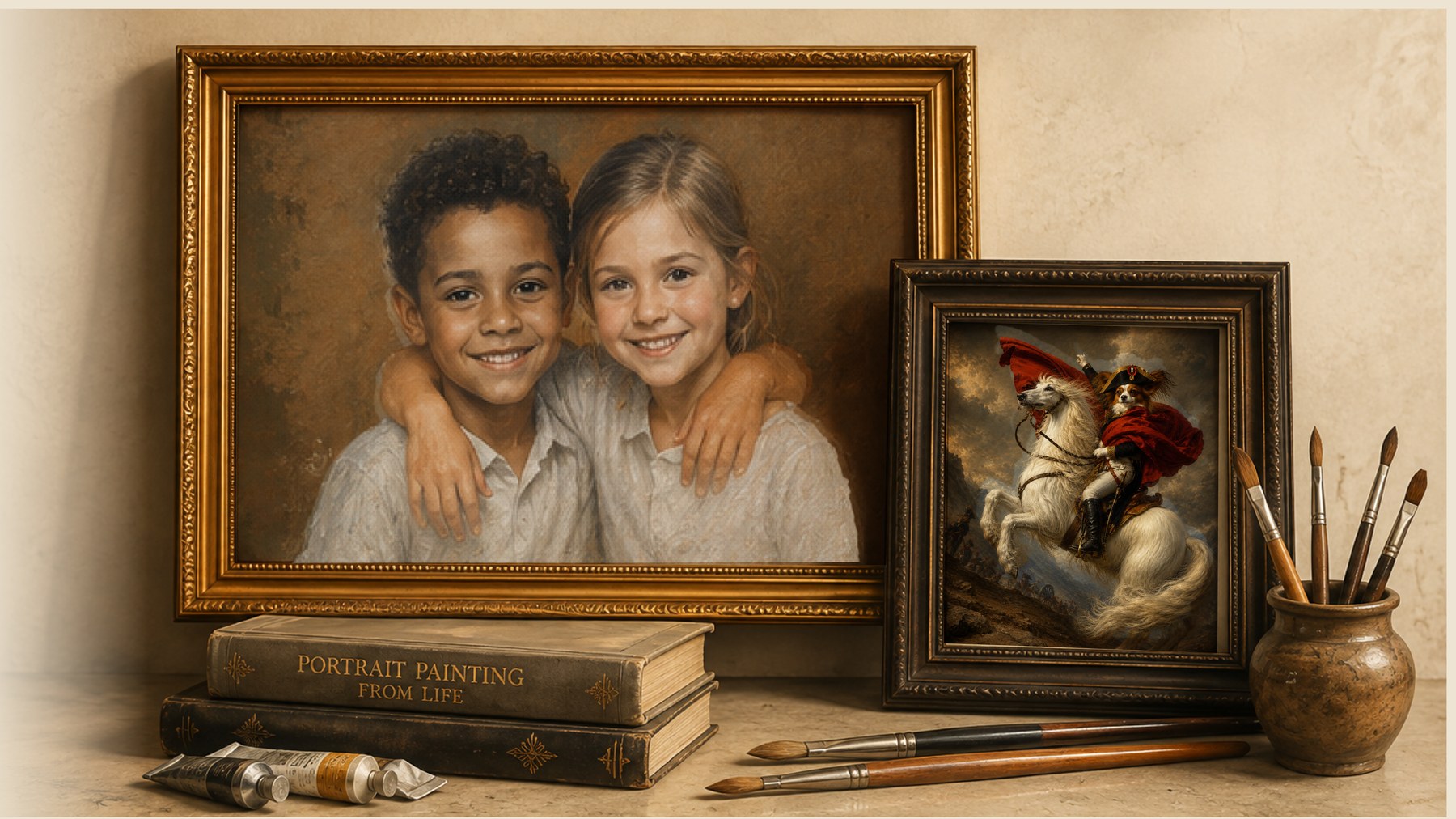 Framed portrait paintings of two children and a beloved pet, alongside books on portrait painting, brushes, and paint tubes on a studio table.