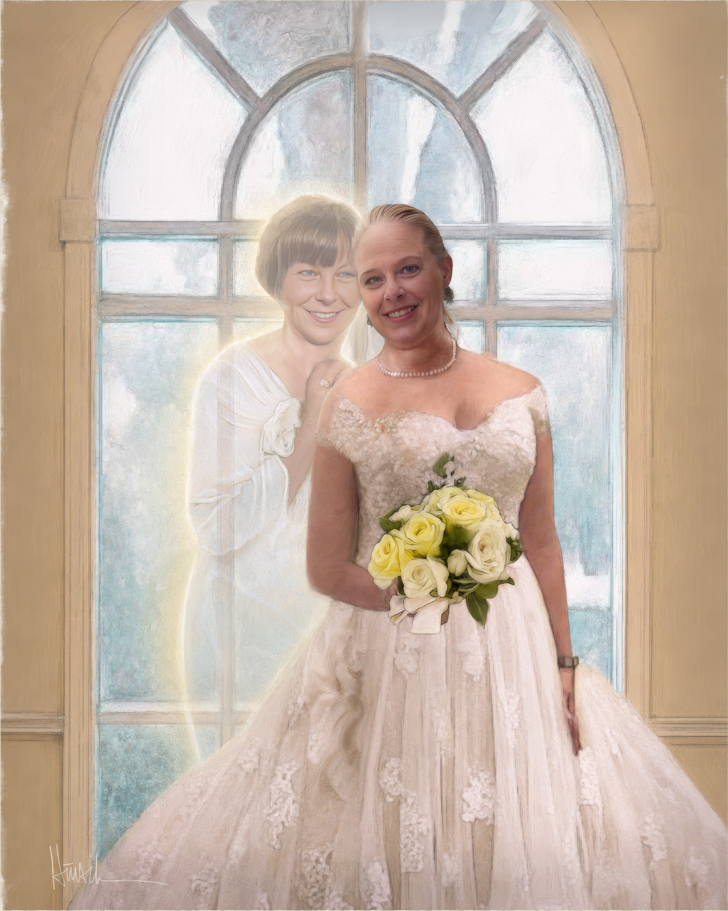 Bride portrait with a softly rendered, luminous figure of her late mother standing beside her in a window