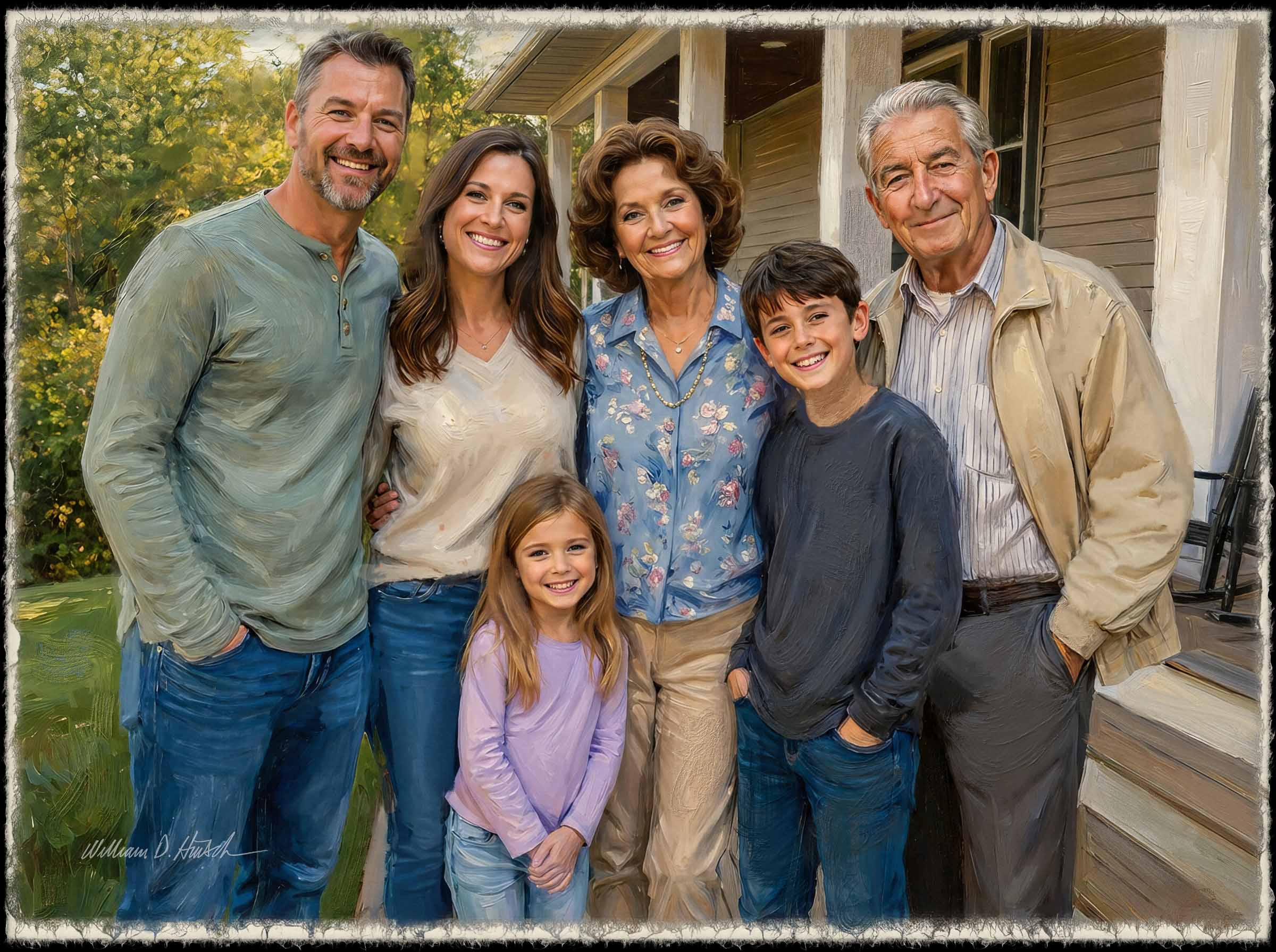 Multi-generation family portrait gathered in front of the grandparents’ home