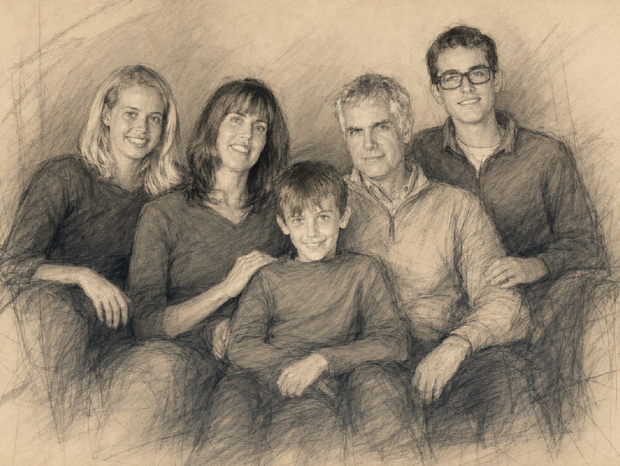 A charcoal composition sketch of the same family, showing the proposed design for the finished portrait.