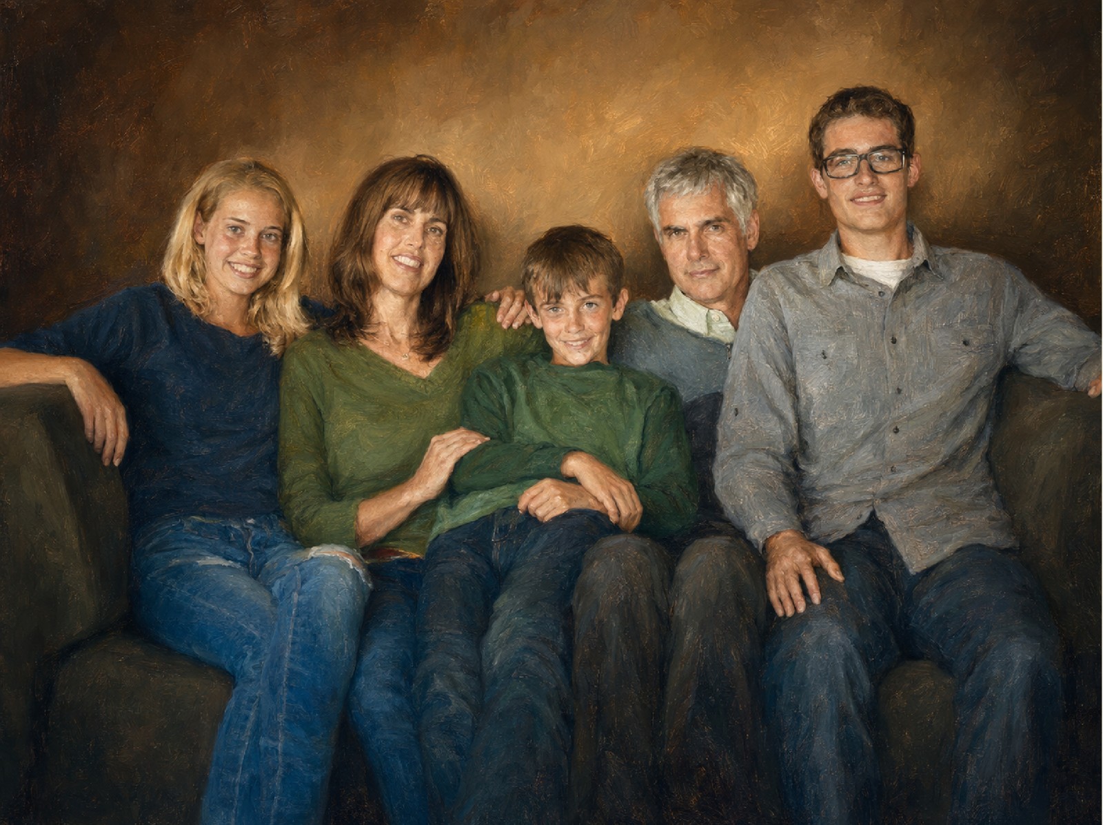 Finished oil portrait of a family of five seated together on a couch, painted with warm, gallery-quality lighting.