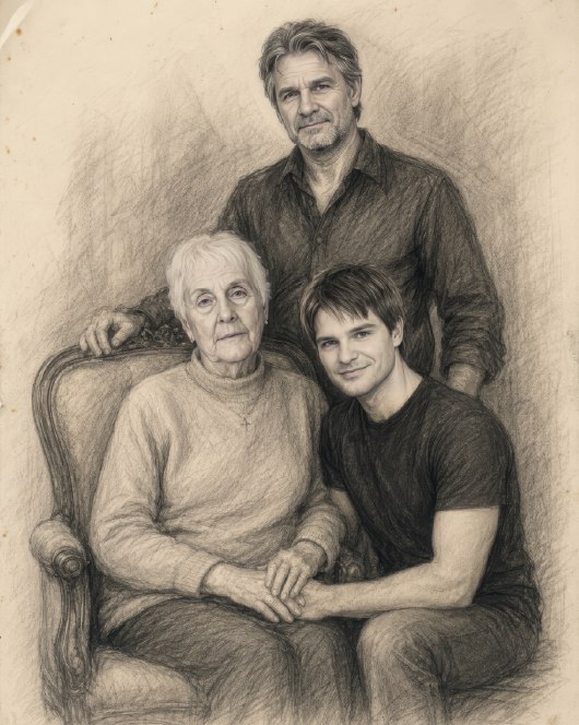 First charcoal sketch combining the three family members into one seated group composition.