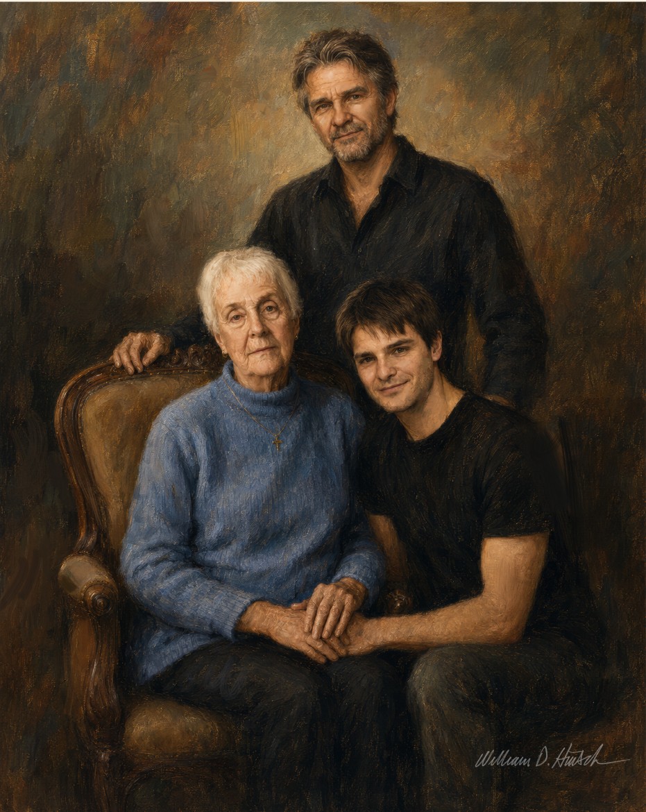 Finished oil portrait uniting three generations of one family in a single, believable composition.