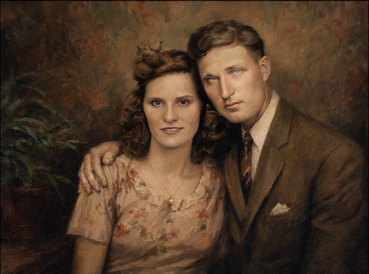 Finished portrait restoring the young couple from the damaged photograph, with revived color, detail and expression.